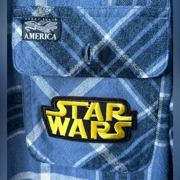 Upcycled REBELS USE THE FORCE Star Wars Tee On Perry Ellis Flannel Shirt Size L - Picture 4 of 6